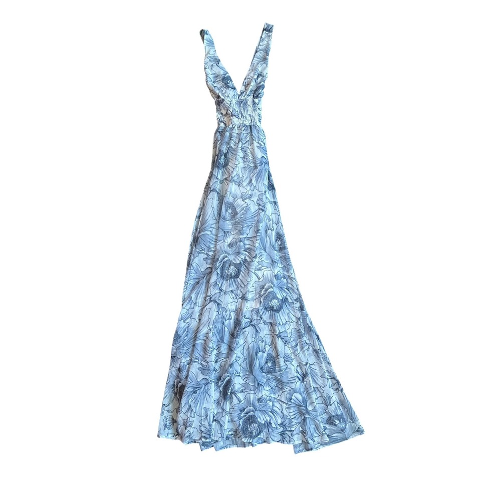 Baltic Born Blue White Floral Smocked Maxi Dress V-Neck Women's XS‎ NEW